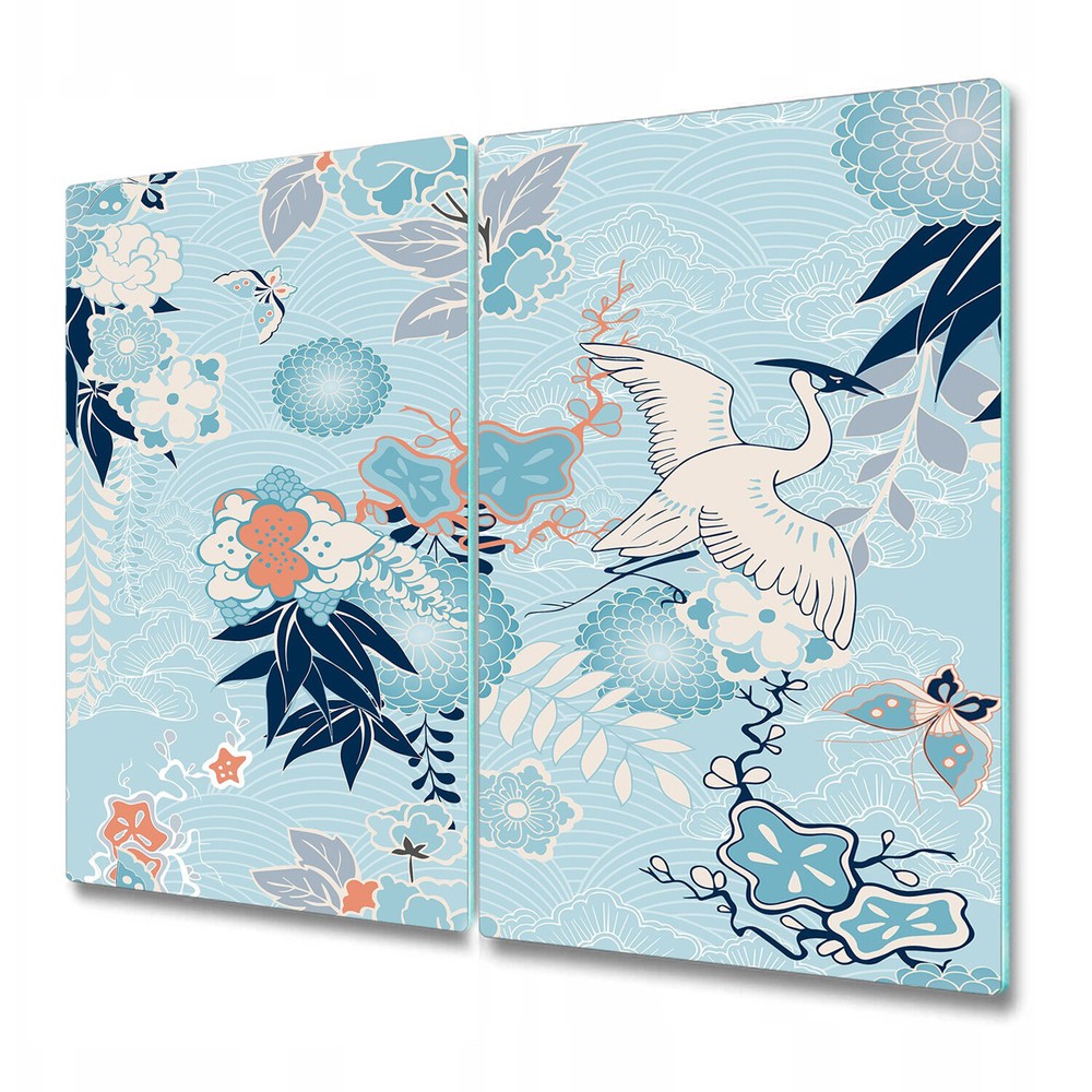 Glass Kitchen Chopping Board Kimono crane and flowers blue photo 2x30x52
