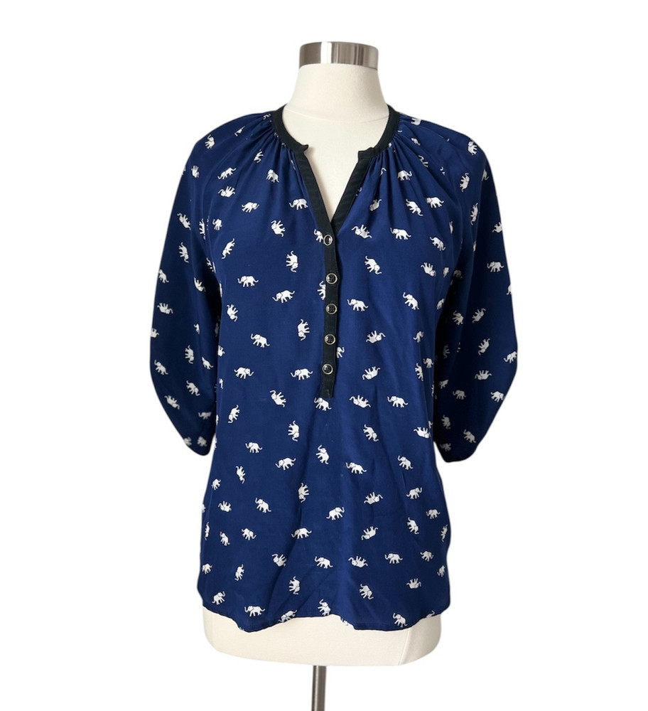 Yumi Kim Women Blouse Size Medium Elephant Print 100% Silk Blouse Blue