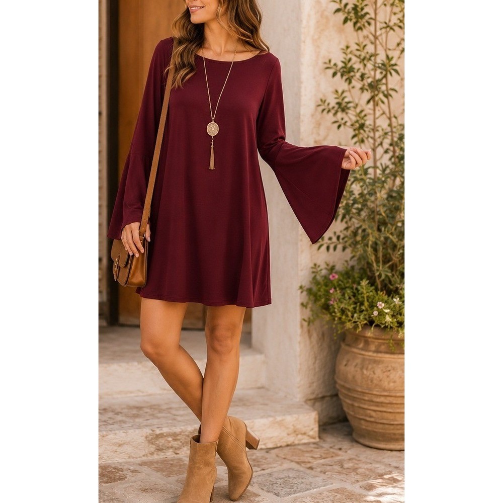 Womens Burgundy Bell Sleeve Tunic Mini Dress Scoop Neck Wine Red Stretch Boho
