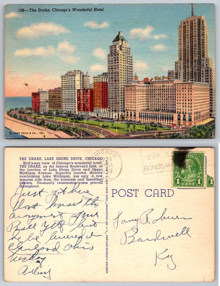 The Drake Hotel Chicago IL Vintage Linen Postcard Lake Shore Drive 1943