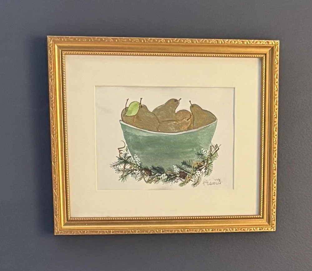 Vintage 9x11” Small Framed Painting Bowl of Pears w/Gold Frame Signed by Artist
