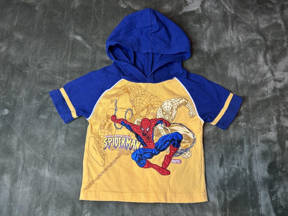 Spider-Man Shirt Boys 18-24 Months Yellow Blue Hooded The Amazing Marvel Tee