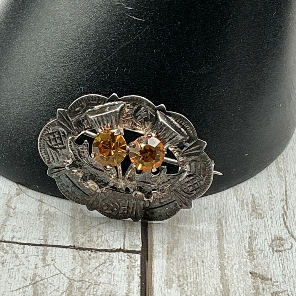 Vintage WBS Ward Brothers Sterling Silver Scottish Thistle & Amber Glass Brooch