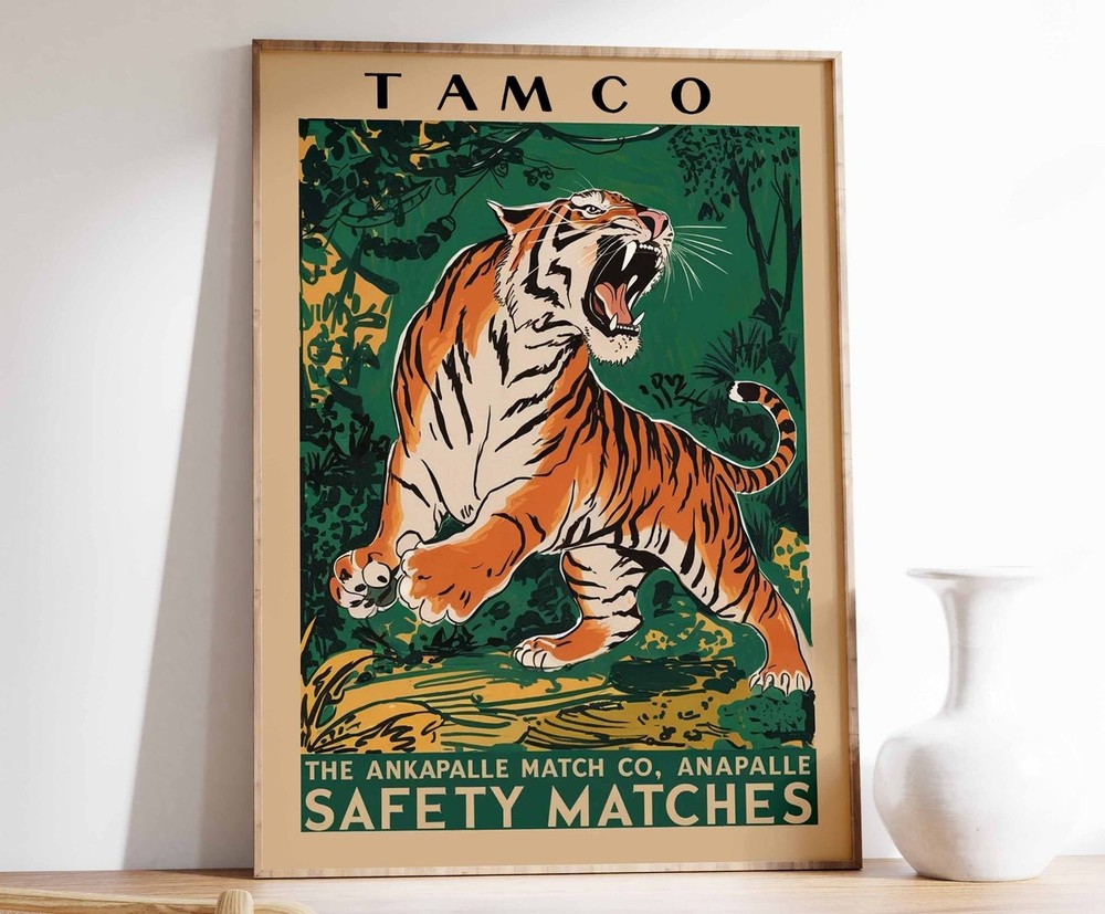 Vintage Tiger Print Indian Matchbox Art Animal Wall Art – Jungle Decor