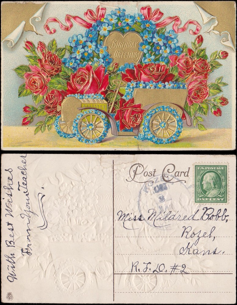 birthday greetings, old car filled with roses and forget me nots, embossed