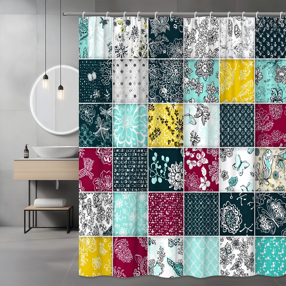Floral Print Shower Curtain, Black White Teal Botanical Pattern