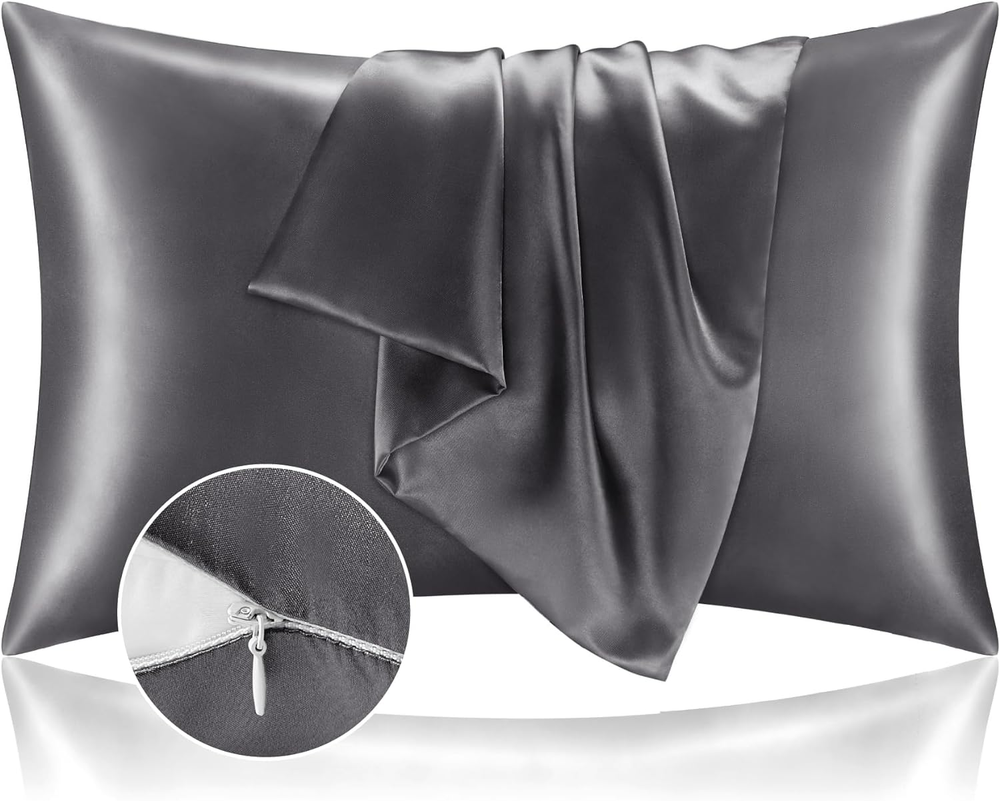 Satin Pillowcase with Zipper 2 Pack, Dark Grey Pillow Cases Standard Size, Super