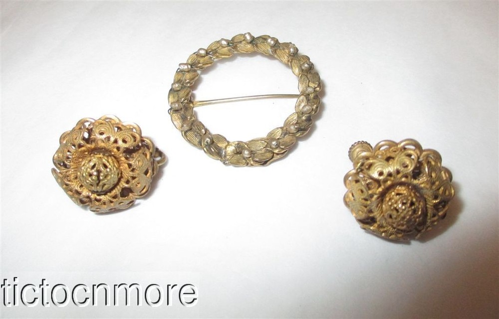 Vintage Miriam Haskell Baroque Pearl & Filigree Wreath Pin Brooch & Earrings