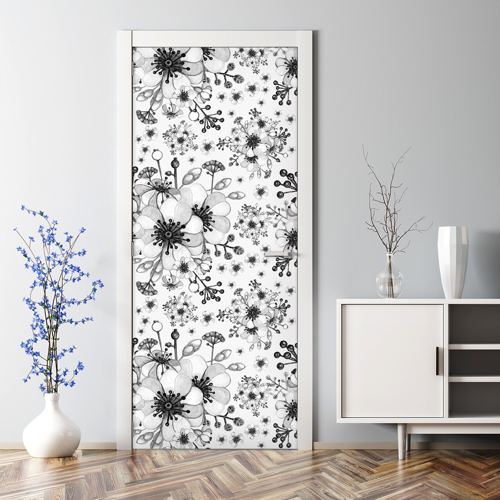 Black and White Floral Renters Flowers Pattern Self Adhesive Door Decal