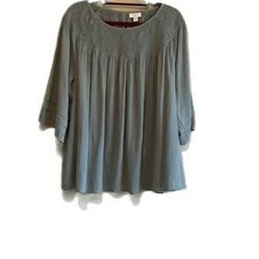 J. Jill Sage Cotton Embroidered Yoke Pleated Peasant Blouse Size L Boho Style