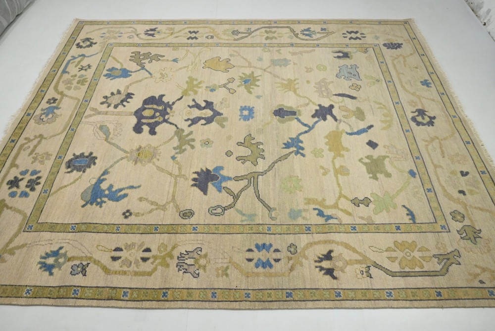 Hand Knotted Oushak Area Rug 100% Wool, Beige Blue Green Oriental Floral Carpet