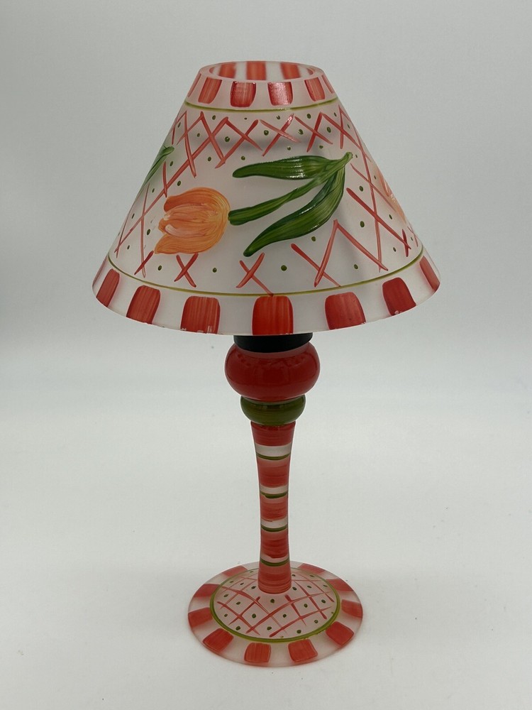 Hand Painted Artglass Glass Tealight Candle Holder/Lamp Orange & Green w/ Tulips