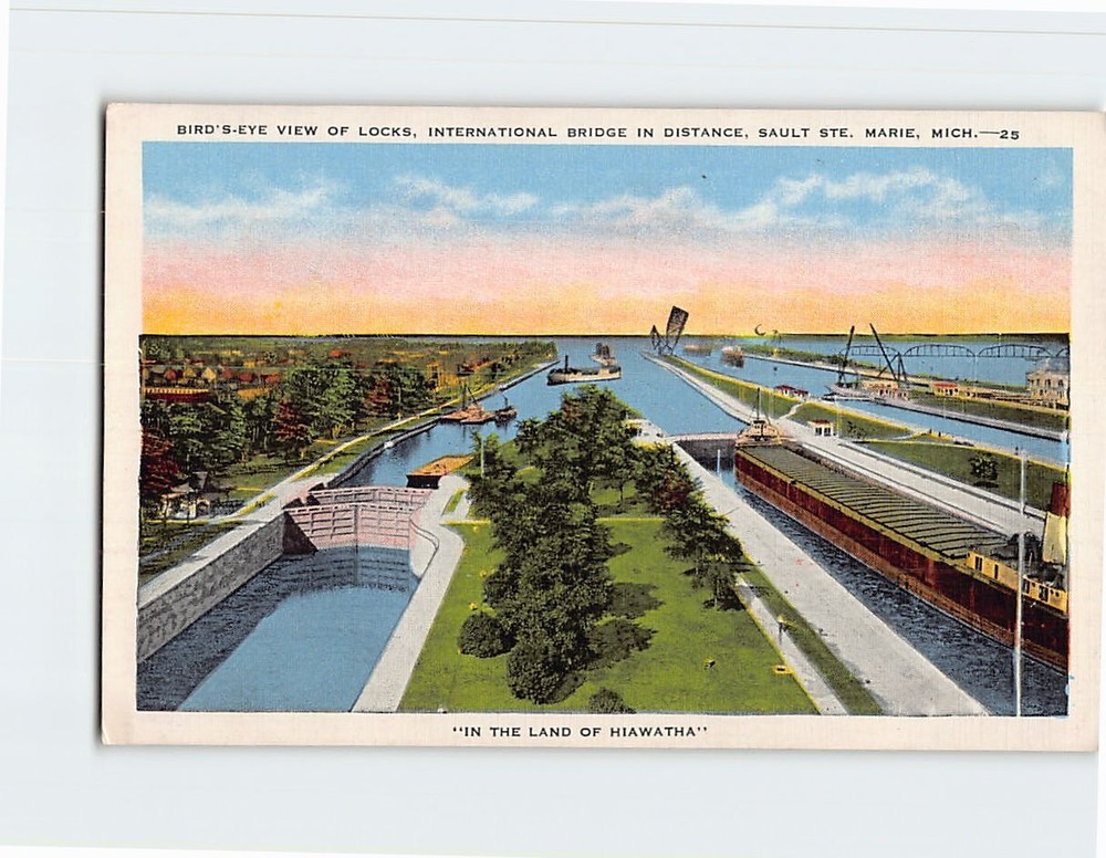 Postcard Bird's Eye View of Soo Locks Sault Ste. Marie Michigan USA
