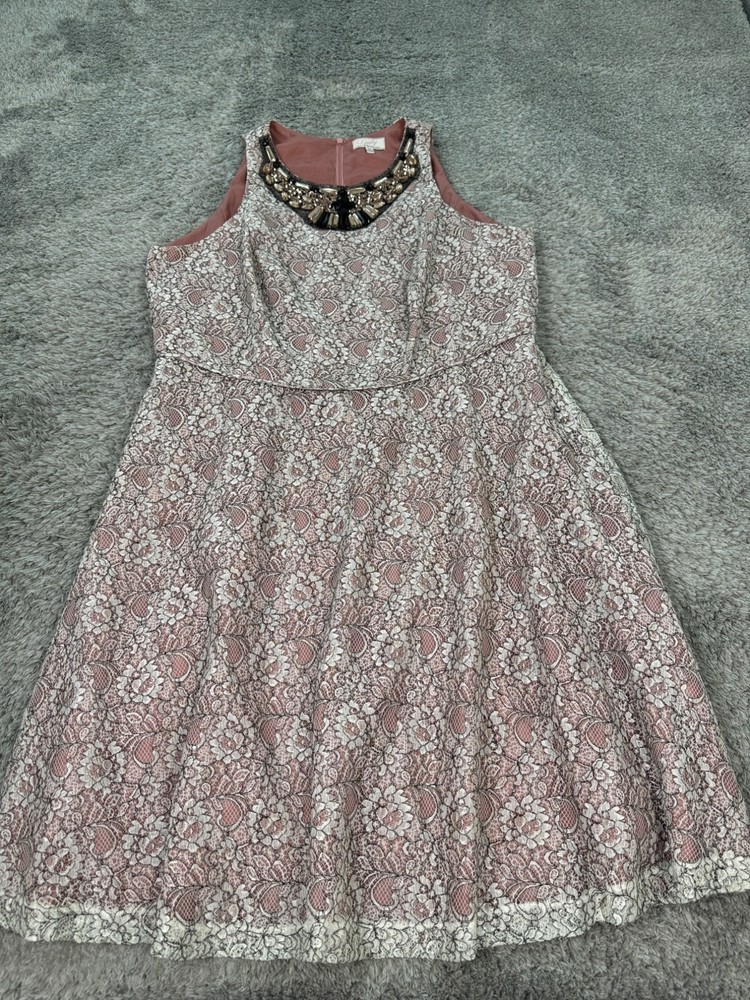 Adrianna Papell Dress Women 18 W LOVELY Pink Lace Beaded Sequin Evening Cocktail