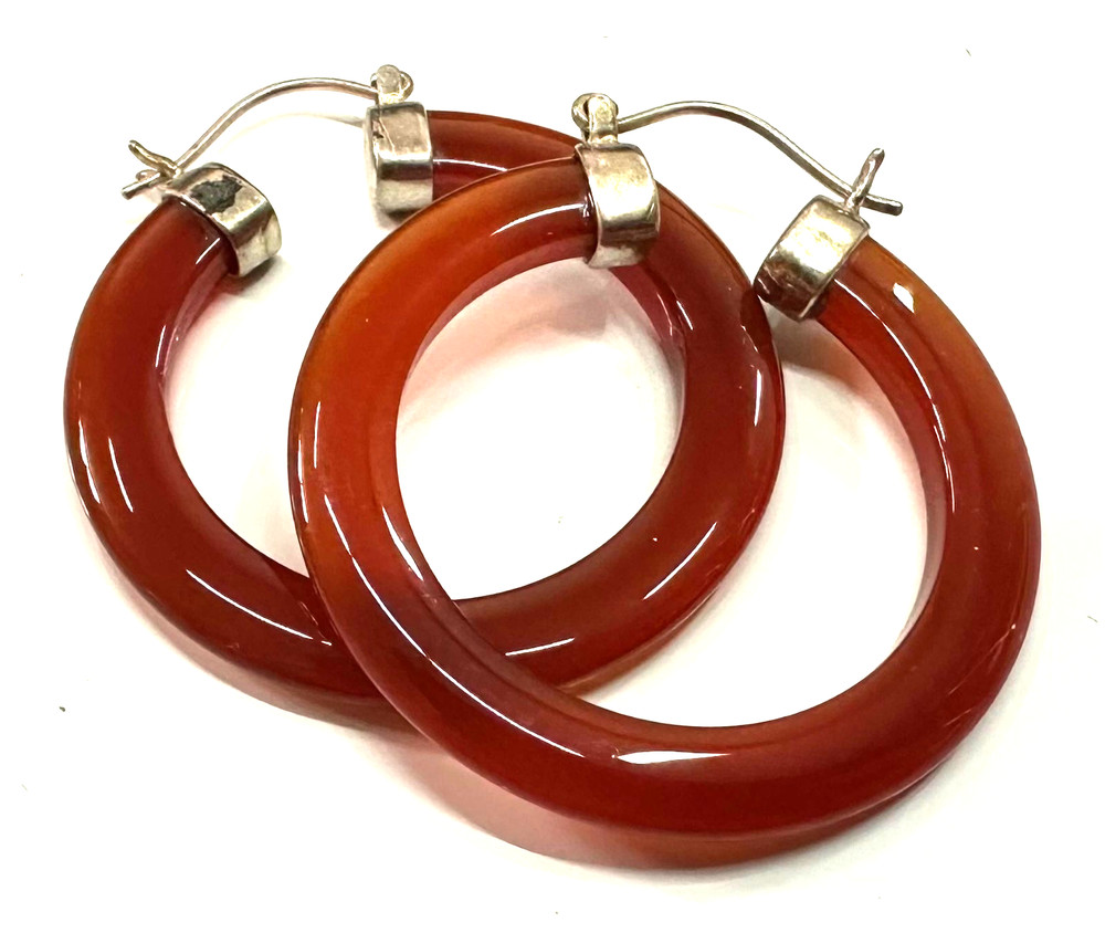 Vintage Red Stone Hoop Earrings MARKED GSJ 925 Sterling Silver Jewelry Lot H