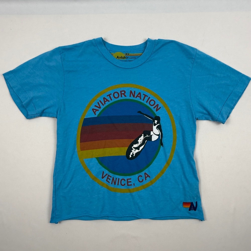 Aviator Nation Venice CA Surfer Graphic T-Shirt Blue XS Raw Hem Made in USA