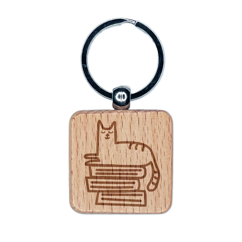 Llavero cuadrado de lectura de gatos y libros grabado en madera etiqueta dije