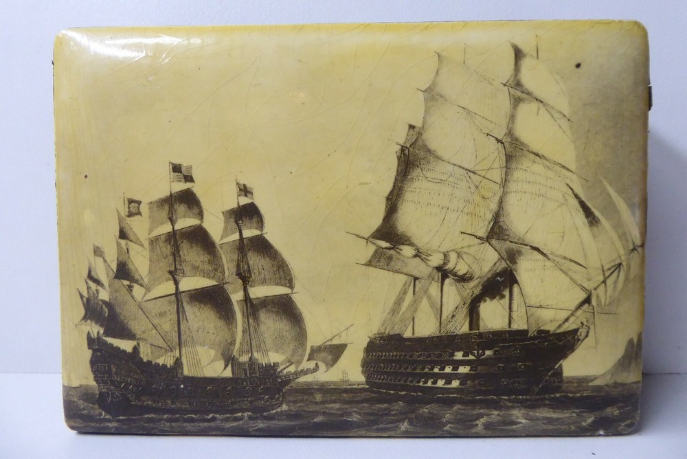 VINTAGE ITALY LEATHER SAIL SHIP SCENE CIGAR JEWELLERY CASE BOX CHEST (tb260)