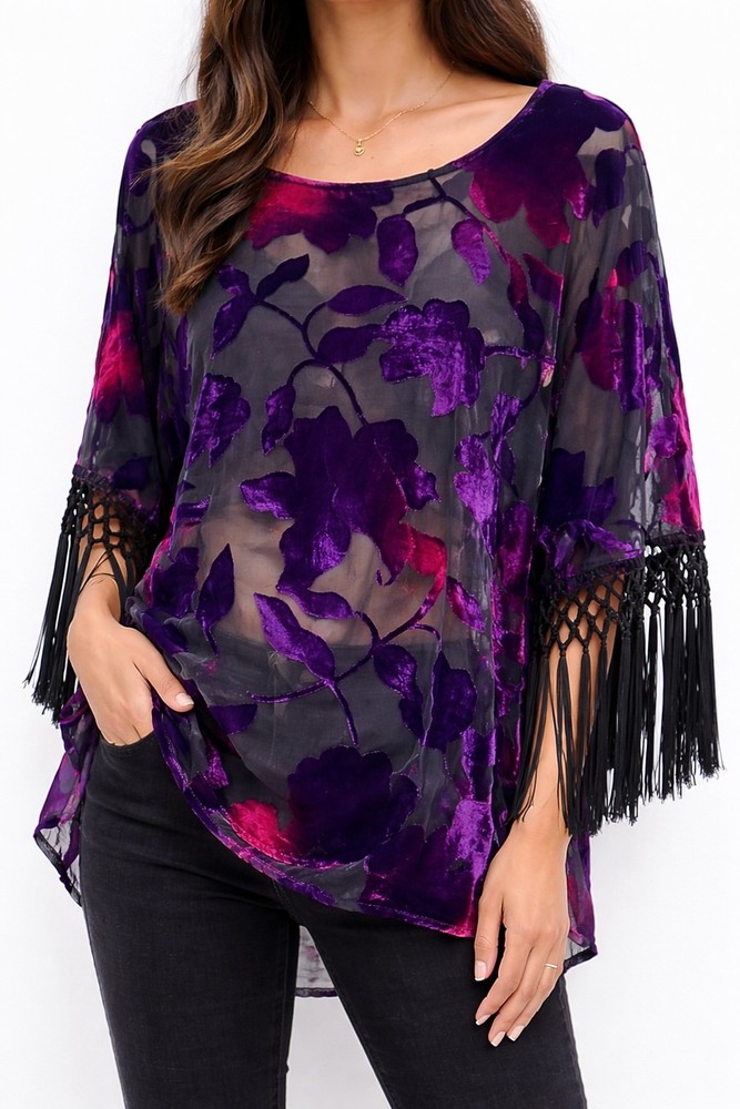 Jeans by Buffalo Fairy Velvet Burnout Tunic Top Size S Whimsigoth Fringe
