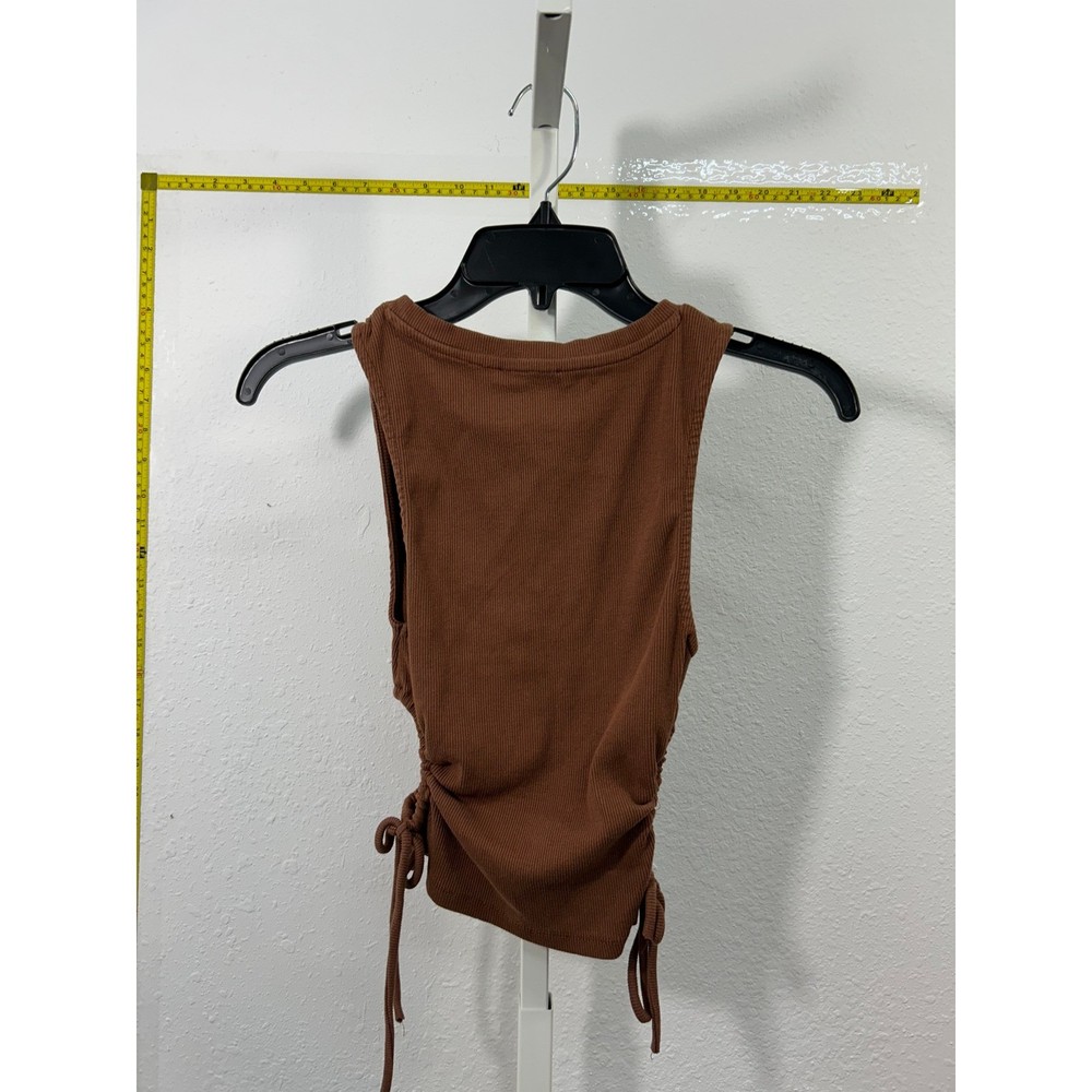 Zara Brown Ribbed Ruched Side Drawstring Tank Top Sleeveless Crew Neck Medium