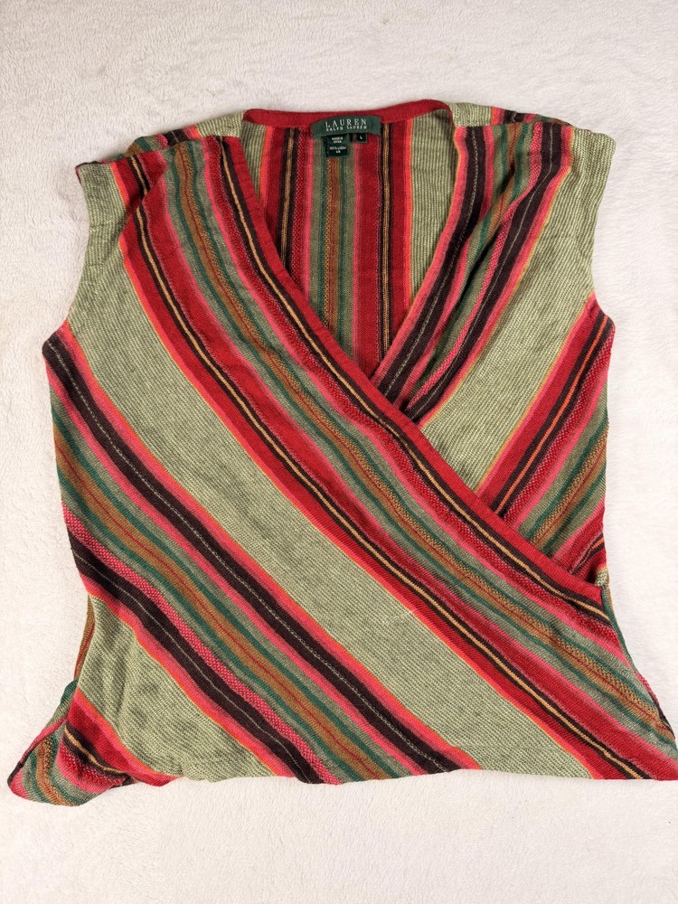 Lauren Ralph Lauren Tank Womens Large Multicolor Linen Striped Surplice V Neck