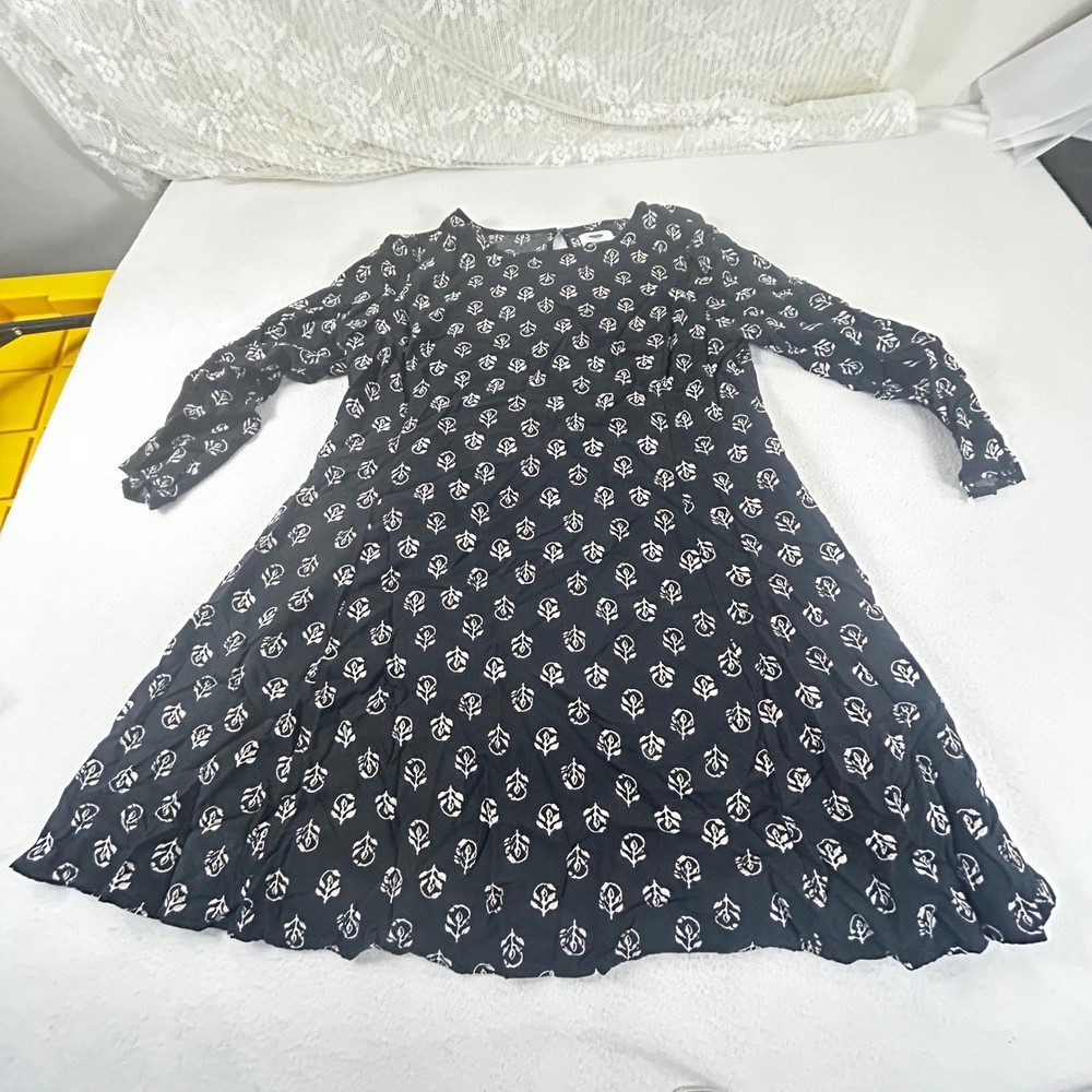 Old Navy Black White Floral Print Long Sleeve A-Line Dress Women's Size Medium