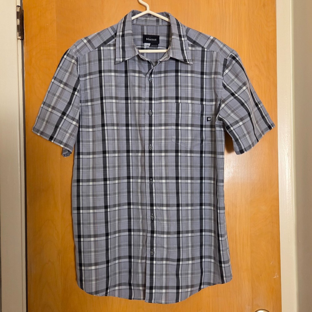 Marmot Button Up Shirt Mens L Gray Plaid S/S Pocket Hiking Outdoor Gorpcore