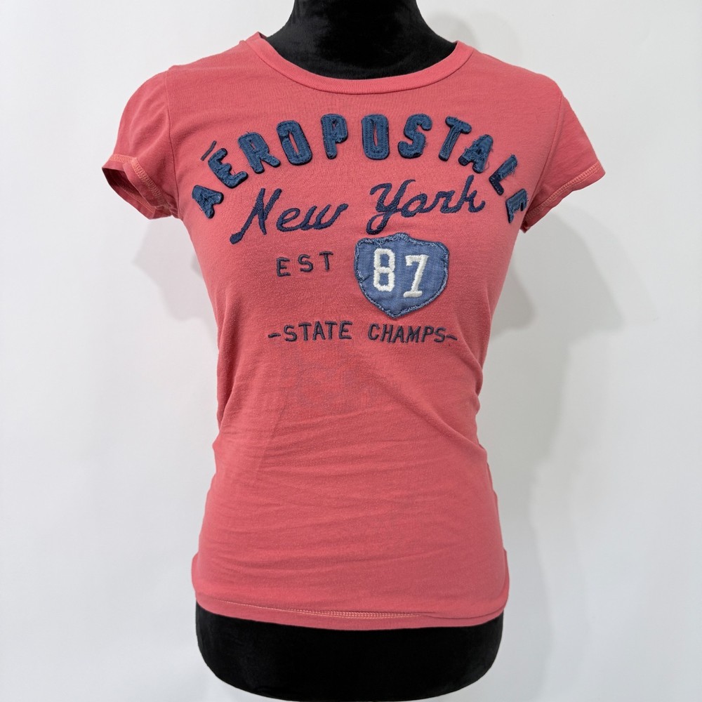 Aeropostale New York Embroidered Graphic T Shirt Womens Small Coral Varsity Tee