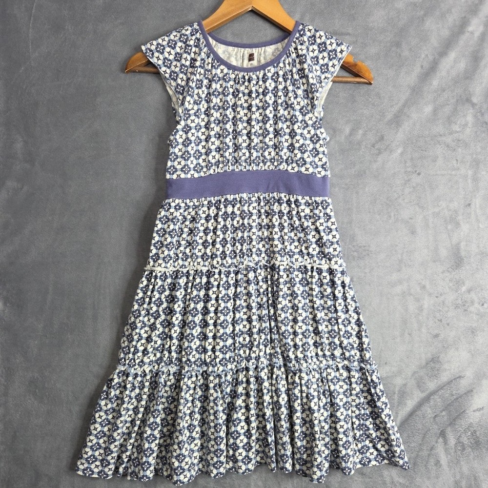 Tea Collection Girls Purple White Blue Geometric Fit‑and‑Flare Dress Sz 10