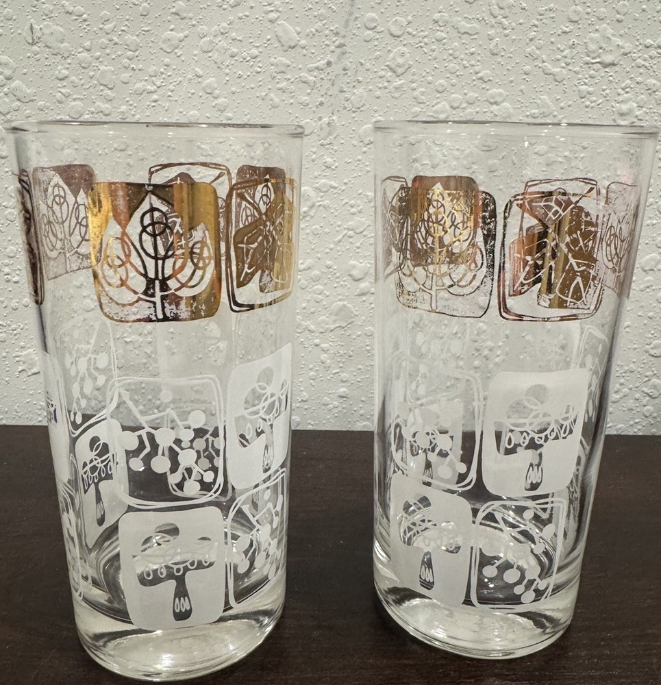 Set 2 Vintage Gold White Mushroom Drinking Glasses MCM Retro Tumblers Barware