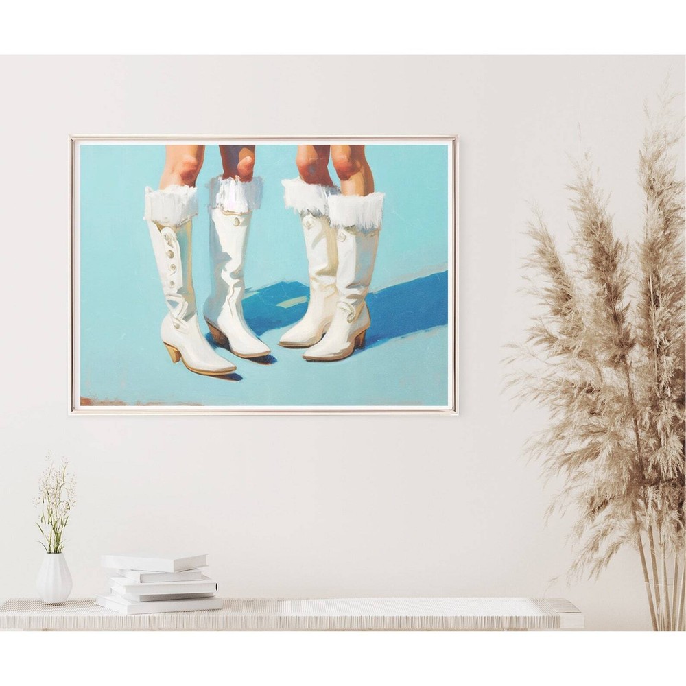 Preppy Blue Wall Art White Cowboy Boots Print Preppy Oil Painting Baby Blue Art