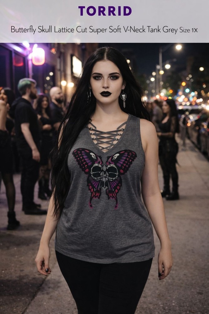 Torrid Butterfly Skull Lattice Cut Super Soft V-Neck Tank Grey Size 1X  Emo Goth
