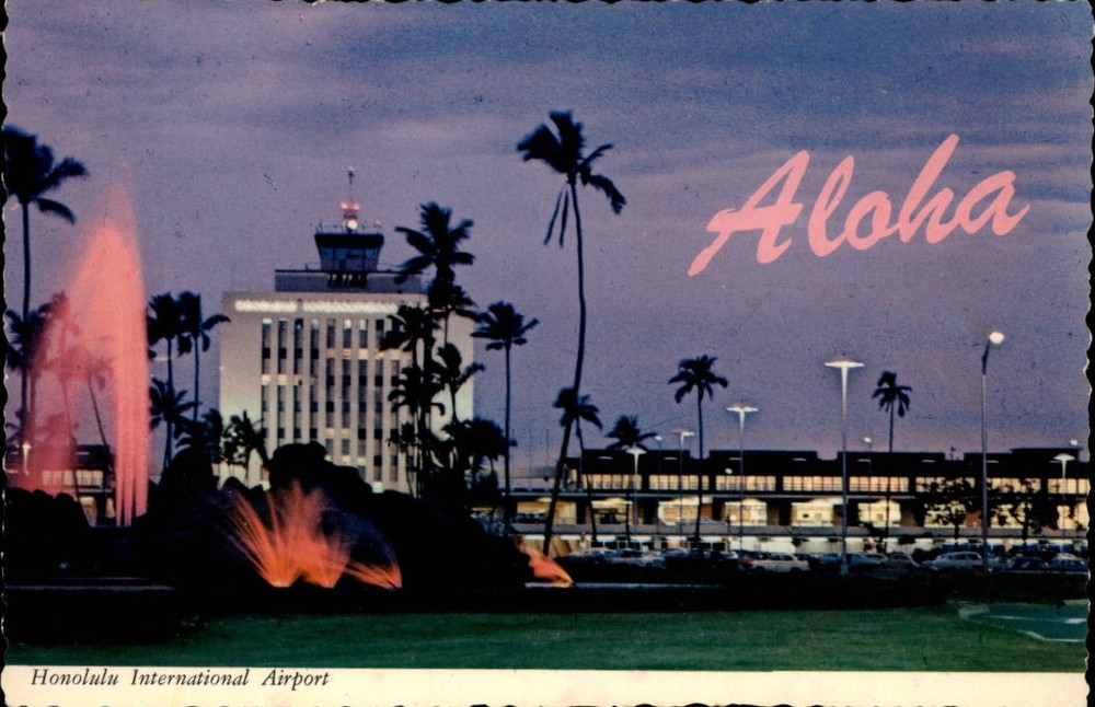 Hawaii Honolulu International Airport Aloha Volcano water fountain ~ postcard