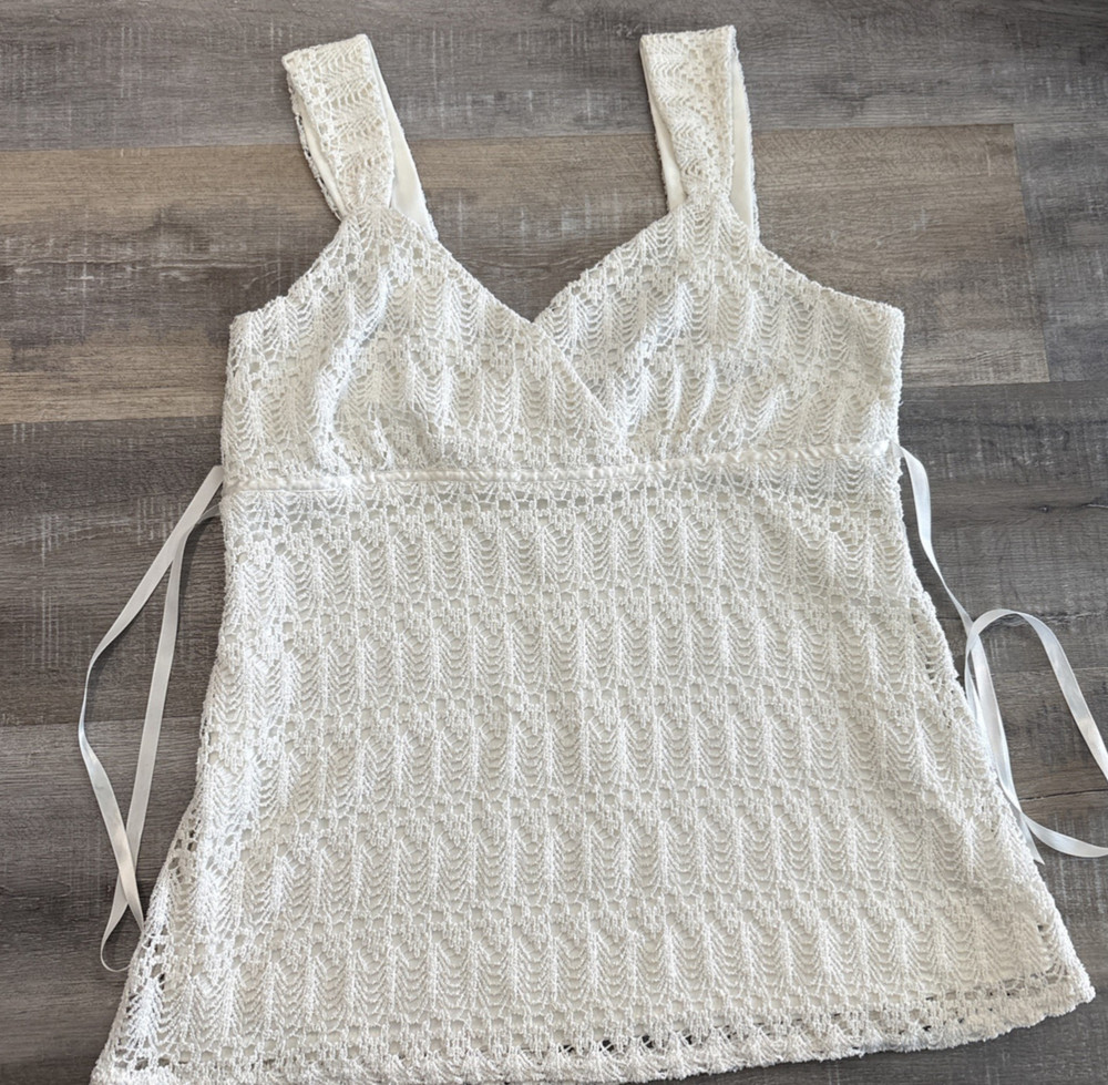 Vtg Y2K Crochet Tank Top Neutral Babydoll Women M Festival Fairycore coquette