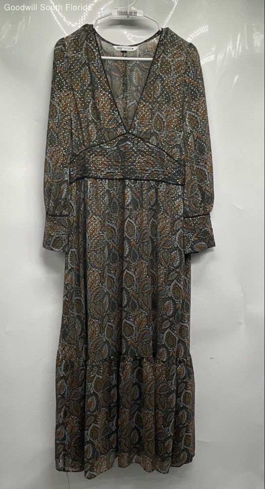 Zara Womens Multicolor Paisley Print V-Neck Long Maxi Dress Size Medium
