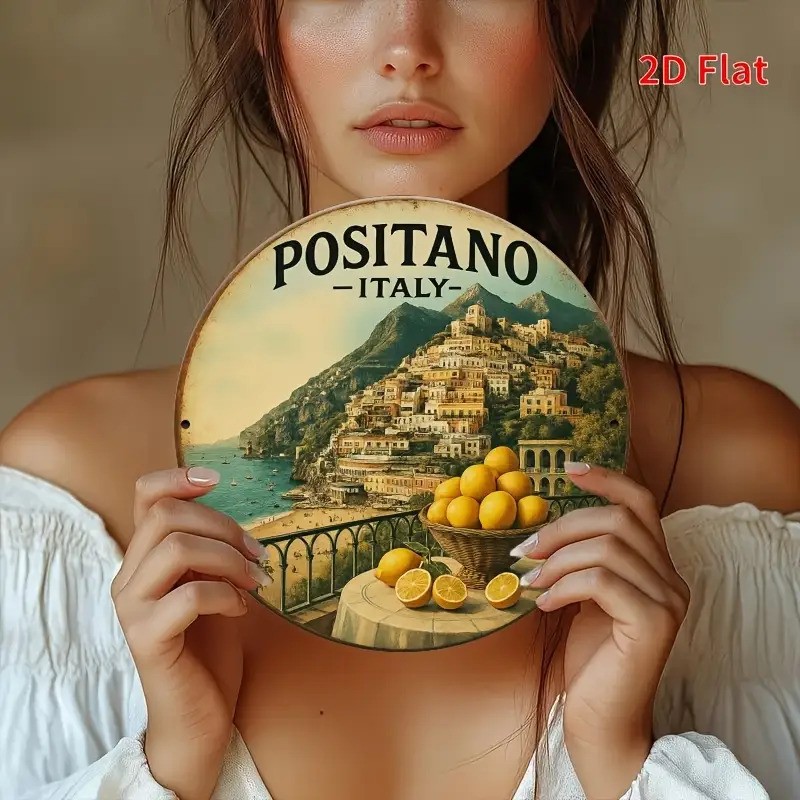Retro Italian Positano Themed Round Aluminum Wall Art Plaque 8Inch