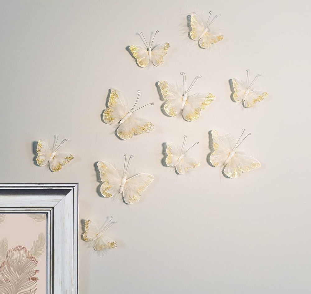 Butterfly Wall Decorations Premium Quality Real Feather 3D White,gold
