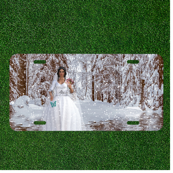 Custom Personalized License Plate Auto Tag With Women In Wedding Dress And Snow