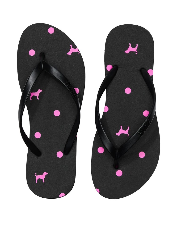 Victoria's Secret Pink Flip Flops SIZE 7 Black Dot Dog Print