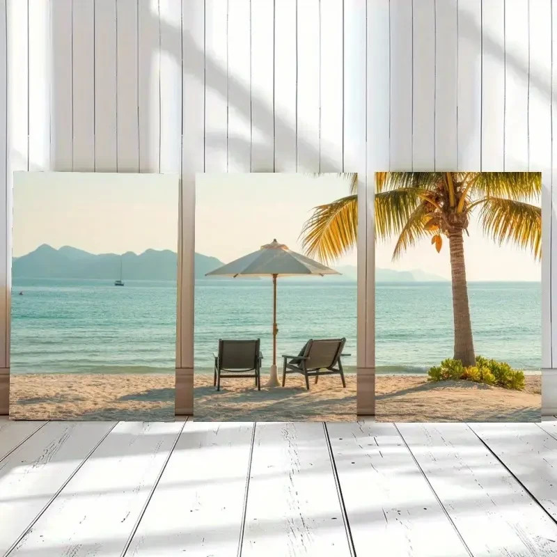 3pcs  Palm Tree Beach Chairs Sun Umbrella Metal Print Ready to Hang Art