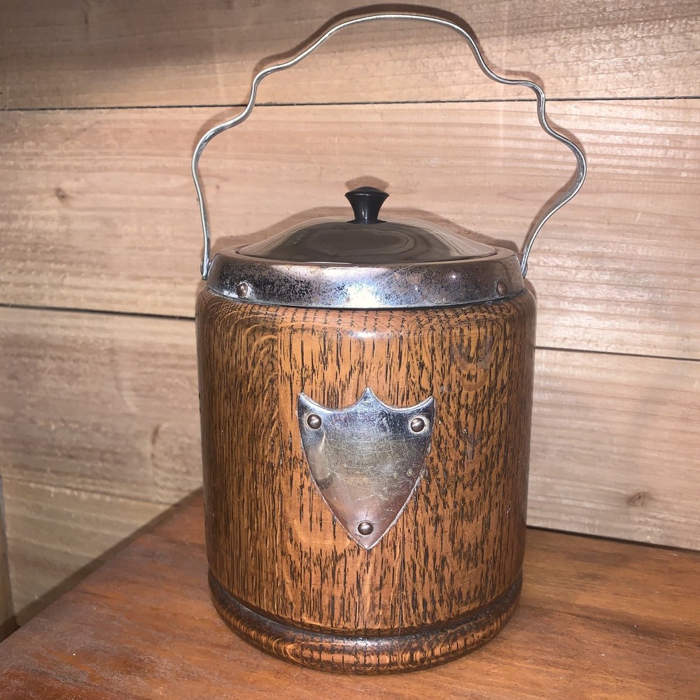 Antique English Tiger Oak Silver Plate Biscuit Barrel Porcelain Lined Humidor