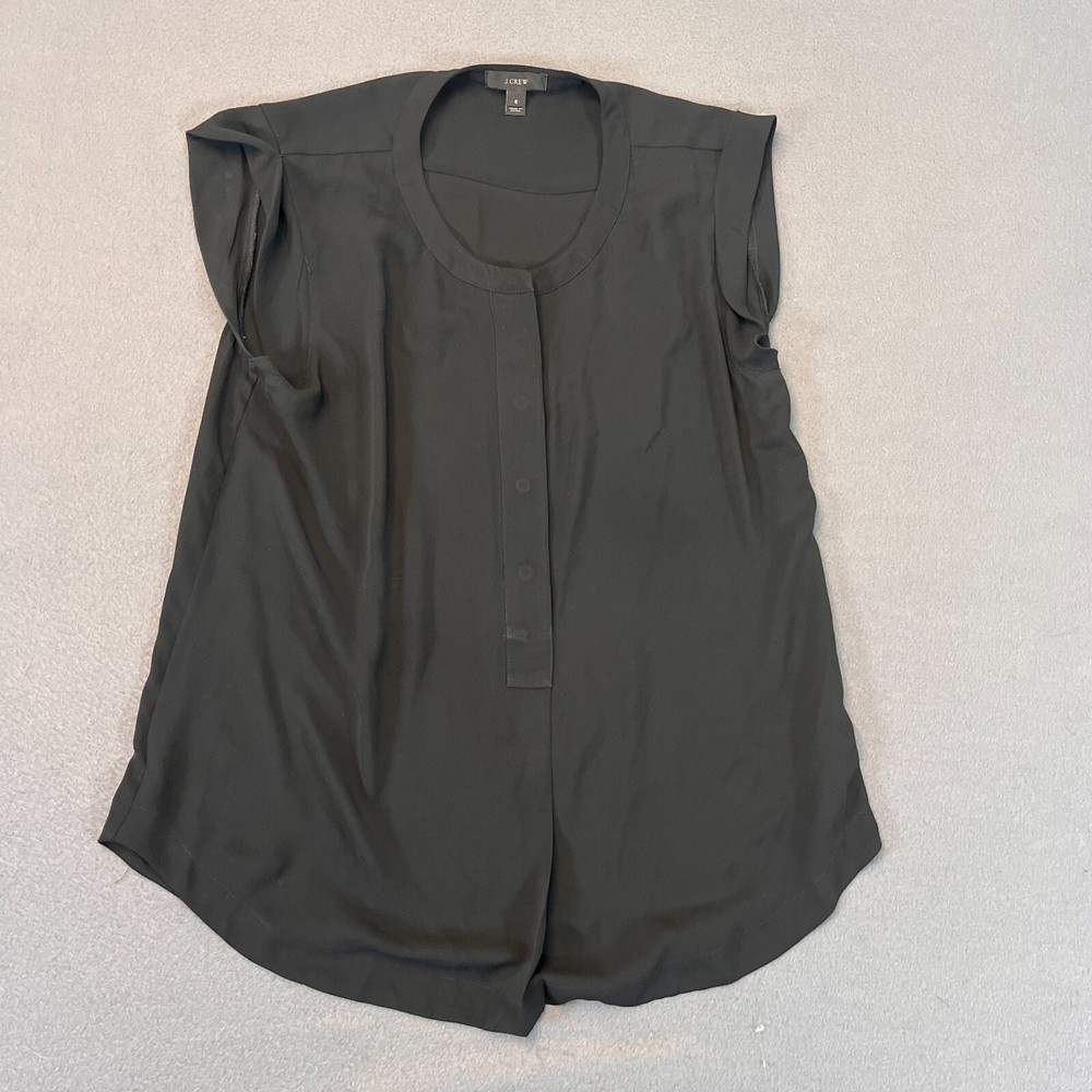 J Crew Top Womens Size 8 Black Short Sleeve V-Neck Button Up Blouse Cuff Sheer