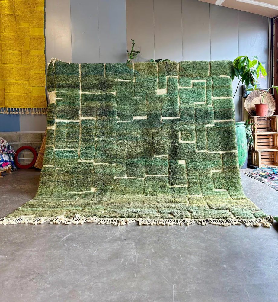 Moroccan Berber Beni Ourain Wool Rug Color Green Handmade Design Carpet Rug