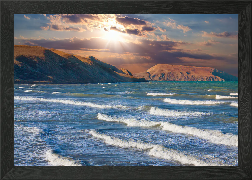 Stormy Sea In The Bay Framed Wall Art Poster Canvas Print Picture