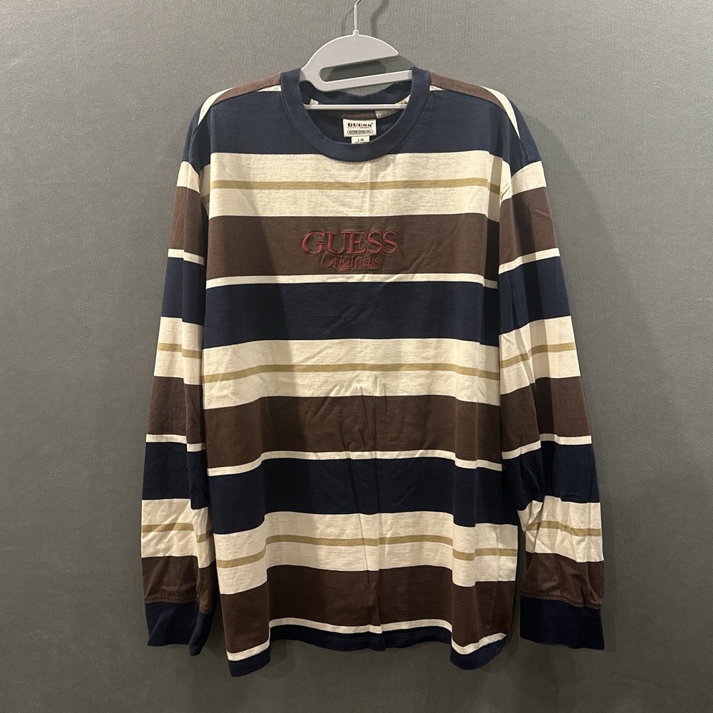 Vintage GUESS Long Striped Color Block Long Sleeve, Size Large, Brown Beige