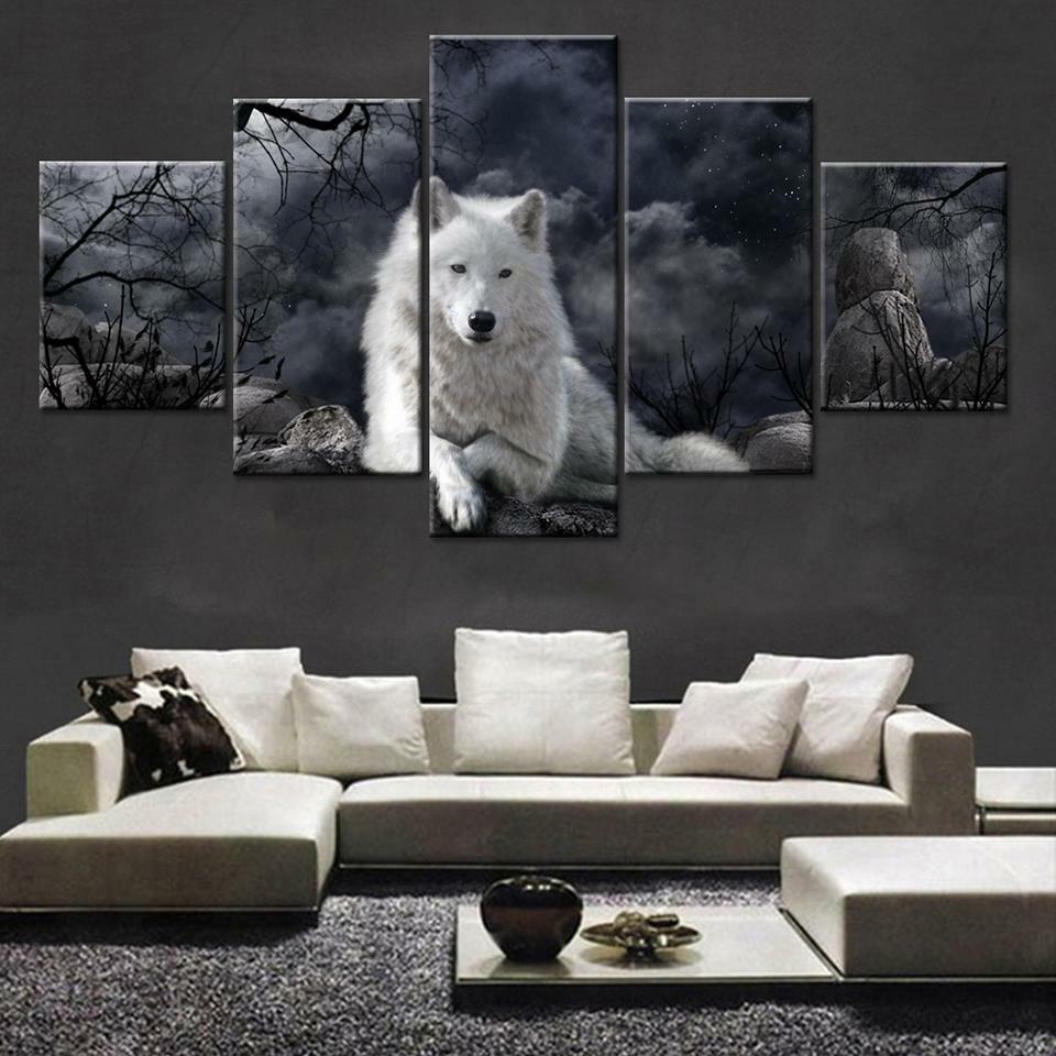 Black & White Wolf Animal Framed 5 Piece Canvas Wall Art