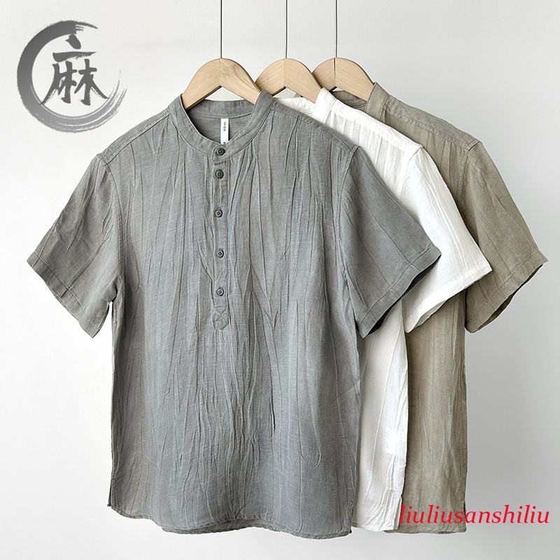 Mens Chinese-style Short-sleeved T-shirt Summer Stand-up Collar Cotton Linen Top
