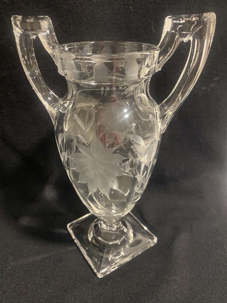 Tiffin-Franciscan Clear Glass Trophy Urn Vase With Etched Wheat And Palm Pattern