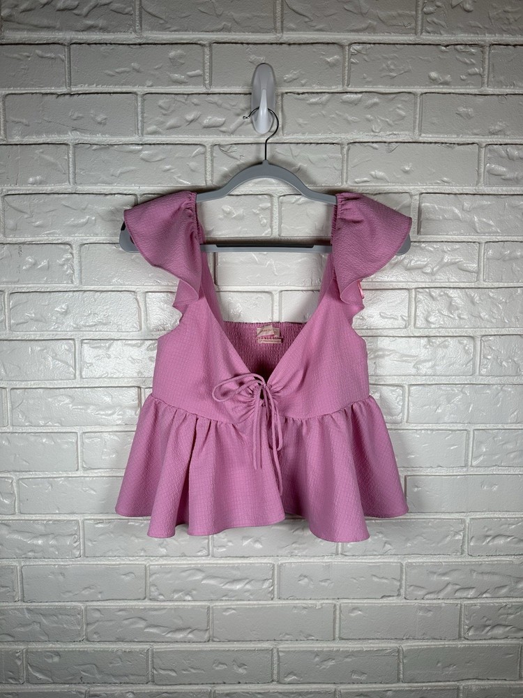 Urban Outfitters L Pink Ruffle Peplum Tie Front Crop Top Cottagecore