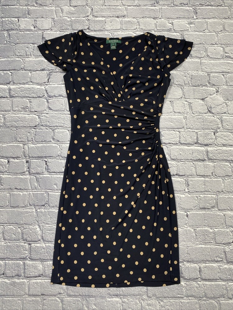 Lauren Ralph Lauren Surplice Ruched Polka Dot Jersey Dress Size 2 Navy Faux Wrap